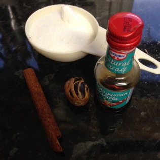 nutmeg, cinnamon stick, sugar, vanilla extract